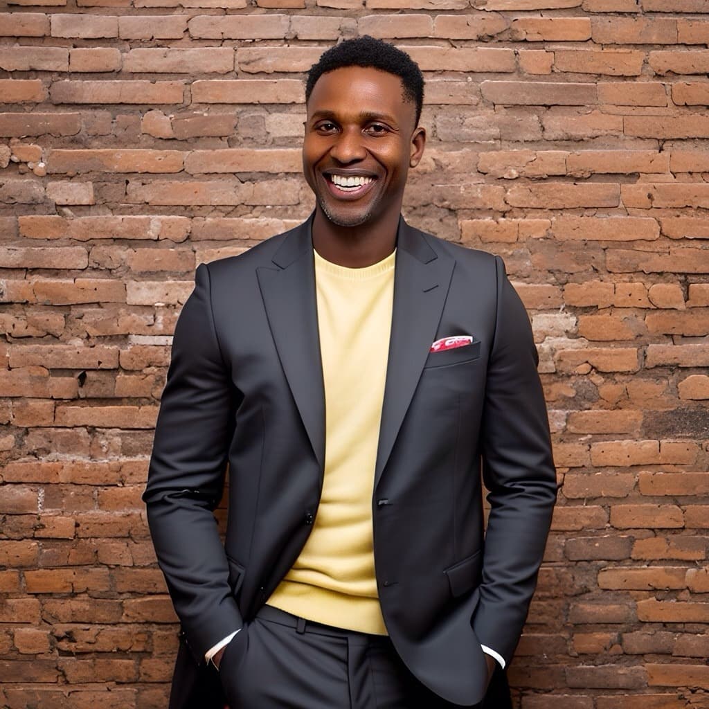 Ervin Coty smiling in a charcoal suit and yellow shirt against a brick wall